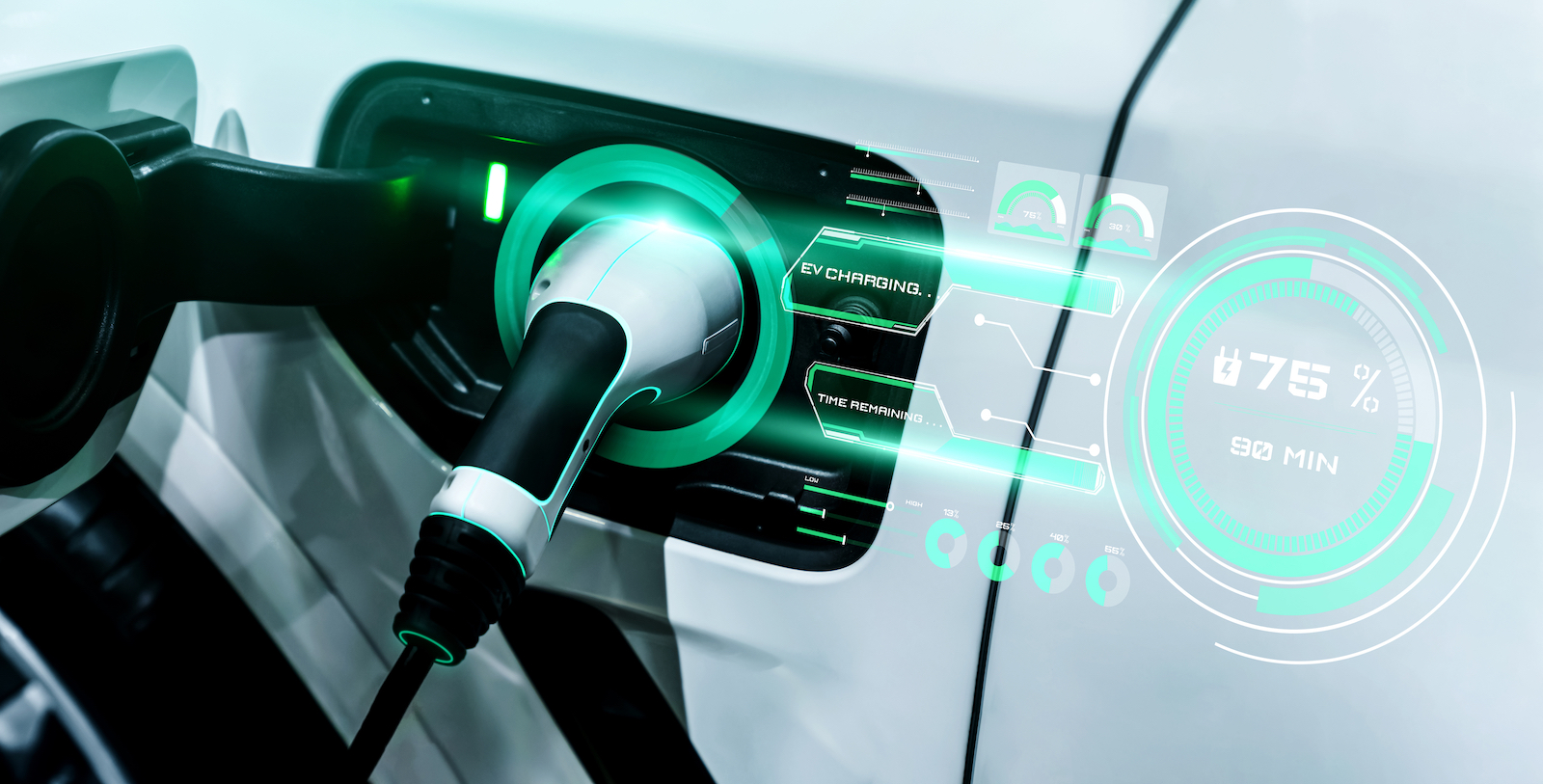 EV charging station for electric car in concept of alternative green energy produced from sustainable resources to supply to charger station in order to reduce CO2 emission .